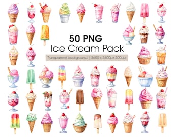 Watercolor Ice Cream Clipart PNG - Frozen Treats, Popsicles, Cold Desserts, Commercial Use