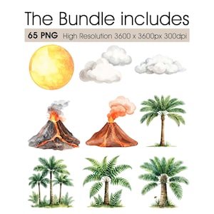 May include: Watercolor illustrations of a yellow sun, fluffy white clouds, erupting volcanoes, and various palm trees. The text "The Bundle includes" and image specifications are at the top.