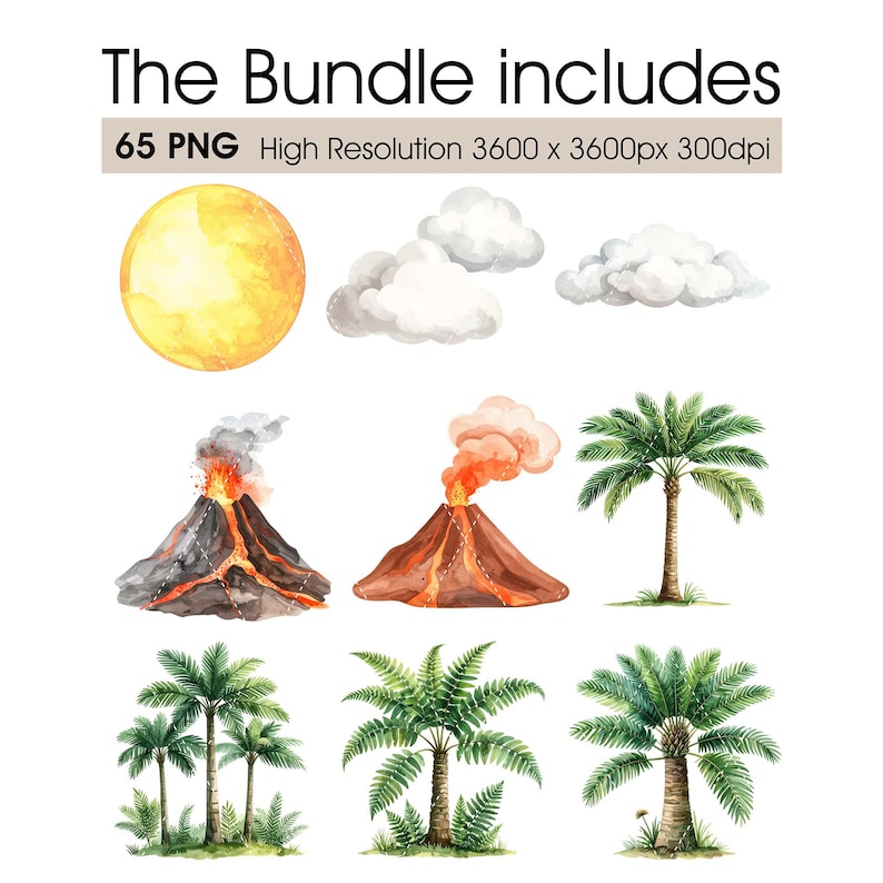 May include: Watercolor illustrations of a yellow sun, fluffy white clouds, erupting volcanoes, and various palm trees. The text "The Bundle includes" and image specifications are at the top.
