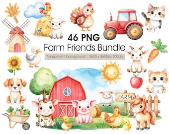 Farm Friends Clipart Set - Farm Animals, Barn, Tractor . Kids Farm Clipart for Learning, Birthday, Baby Shower