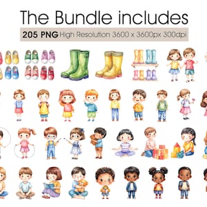 Puede incluir: Ilustraciones en acuarela de ni&ntilde;os, zapatos y botas de agua. El texto en la parte superior dice "The Bundle includes 205 PNG High Resolution 3600 x 3600px 300dpi". Las im&aacute;genes son de estilo caricatura.