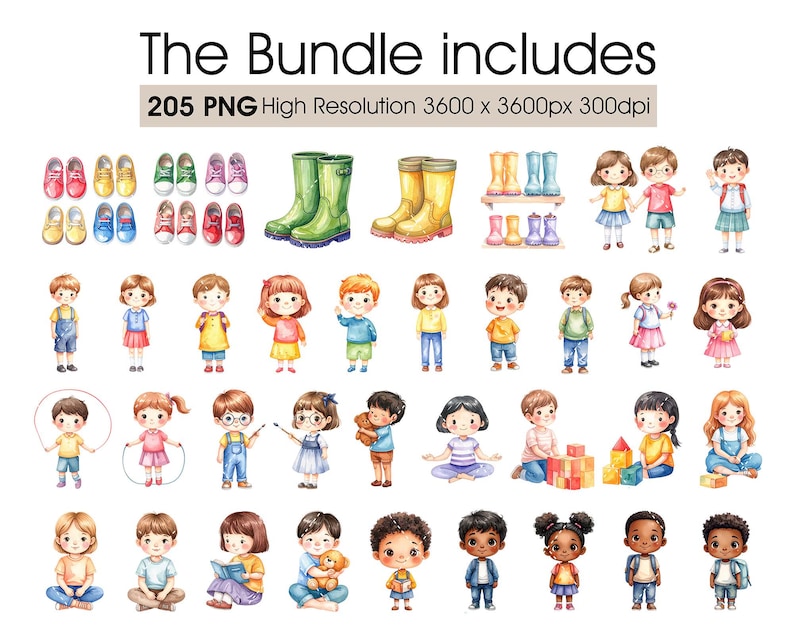 Puede incluir: Ilustraciones en acuarela de ni&ntilde;os, zapatos y botas de agua. El texto en la parte superior dice "The Bundle includes 205 PNG High Resolution 3600 x 3600px 300dpi". Las im&aacute;genes son de estilo caricatura.