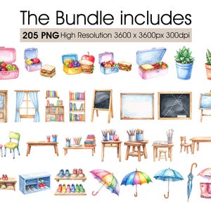 Puede incluir: Paquete de ilustraciones en acuarela con elementos tem&aacute;ticos de escuela y lonchera. Incluye loncheras, &uacute;tiles escolares, muebles, paraguas y zapatos. El texto en la parte superior dice "The Bundle includes 205 PNG High Resolution 3600 x 3600px 300dpi."