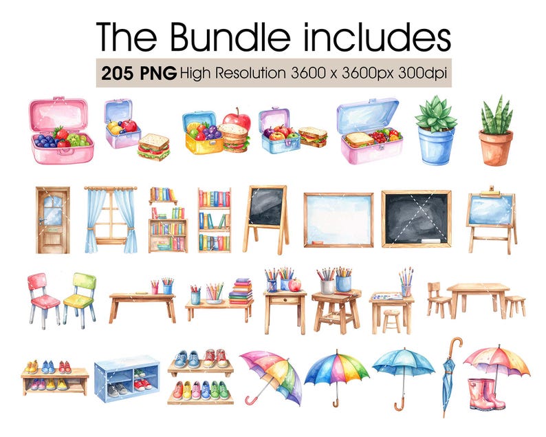 Puede incluir: Paquete de ilustraciones en acuarela con elementos tem&aacute;ticos de escuela y lonchera. Incluye loncheras, &uacute;tiles escolares, muebles, paraguas y zapatos. El texto en la parte superior dice "The Bundle includes 205 PNG High Resolution 3600 x 3600px 300dpi."