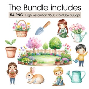 May include: A collection of watercolour illustrations featuring gardening tools and elements, such as a basket of flowers, a trowel, and a watering can. The image also includes the text "The Bundle includes" and "54 PNG High Resolution 3600 x 3600px 300dpi".