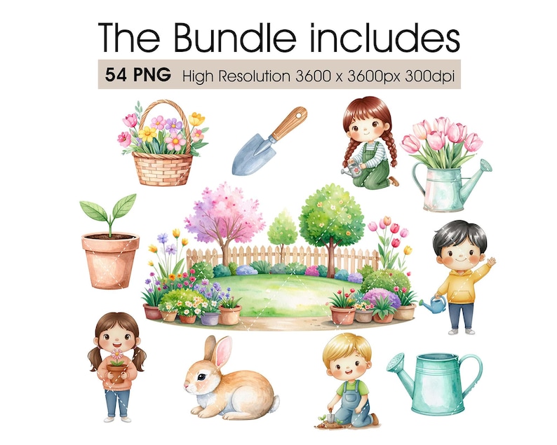 May include: A collection of watercolour illustrations featuring gardening tools and elements, such as a basket of flowers, a trowel, and a watering can. The image also includes the text "The Bundle includes" and "54 PNG High Resolution 3600 x 3600px 300dpi".