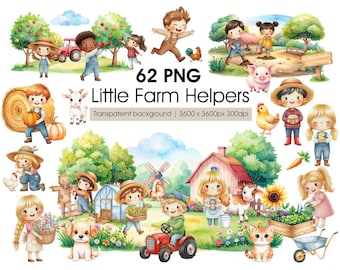 Little Farmers at Work Clipart – Farm Life Kids, Animals, Scenes, Watercolor Kids Professions