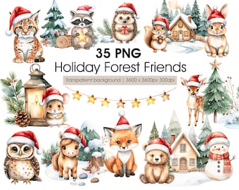 Christmas Woodland Animals Clipart - Watercolor Forest Creatures in Santa Hats, Winter Cottages & Decor PNG