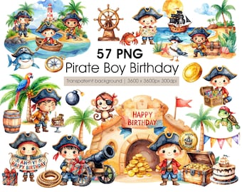 Pirate Boy Birthday Clipart PNG - Pirate Kids in Poses, Watercolor Party Illustrations