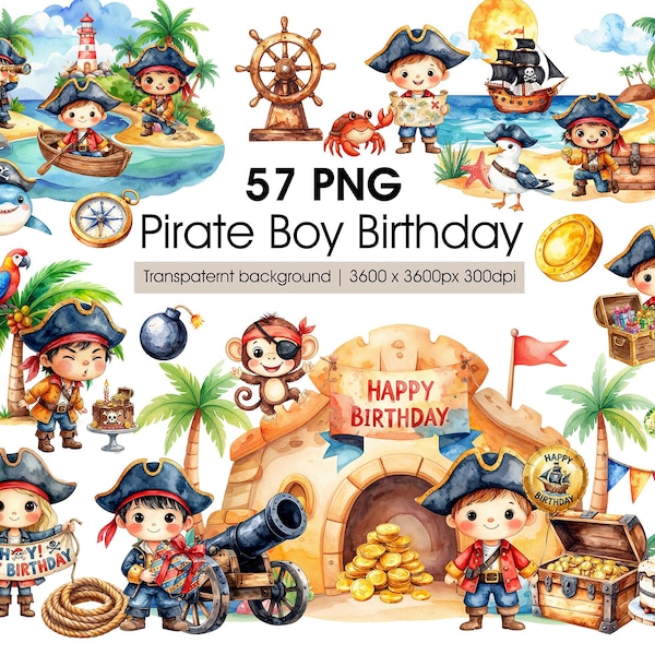 Piratenjunge Geburtstag Clipart PNG - Piratenkinder in Posen, Aquarell Party Illustrationen