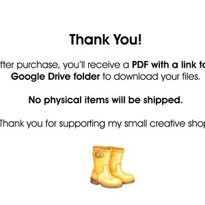 May include: A white background with the text "Thank You!" and information about digital downloads. Two yellow wellington boots are at the bottom of the image. The boots have a buckle detail and are facing to the right.