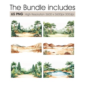 May include: The image showcases a collection of watercolor landscape illustrations. The text "The Bundle includes" is at the top, followed by "65 PNG High Resolution 3600 x 3600px 300dpi". The illustrations depict various scenes, including forests, deserts, and tropical settings with palm trees and bodies of water.