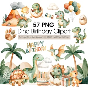 May include: Watercolor clipart set featuring various dinosaurs, palm trees, a volcano, and birthday-themed elements. Includes text that reads "57 PNG Dino Birthday Clipart" and "Happy Birthday". The illustrations are in soft pastel colors, suitable for children's designs.