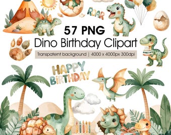 Dinosaur Clipart Set for Kids, Watercolor Dino PNG, Birthday Graphics