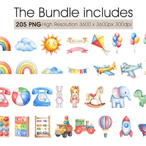 Puede incluir: Ilustraciones en acuarela de varios juguetes y elementos infantiles, incluyendo arco&iacute;ris, nubes, un sol, globos, aviones, un oso de peluche, una mu&ntilde;eca, un caballito balanc&iacute;n, un elefante, un dinosaurio y m&aacute;s. El texto dice "The Bundle includes".