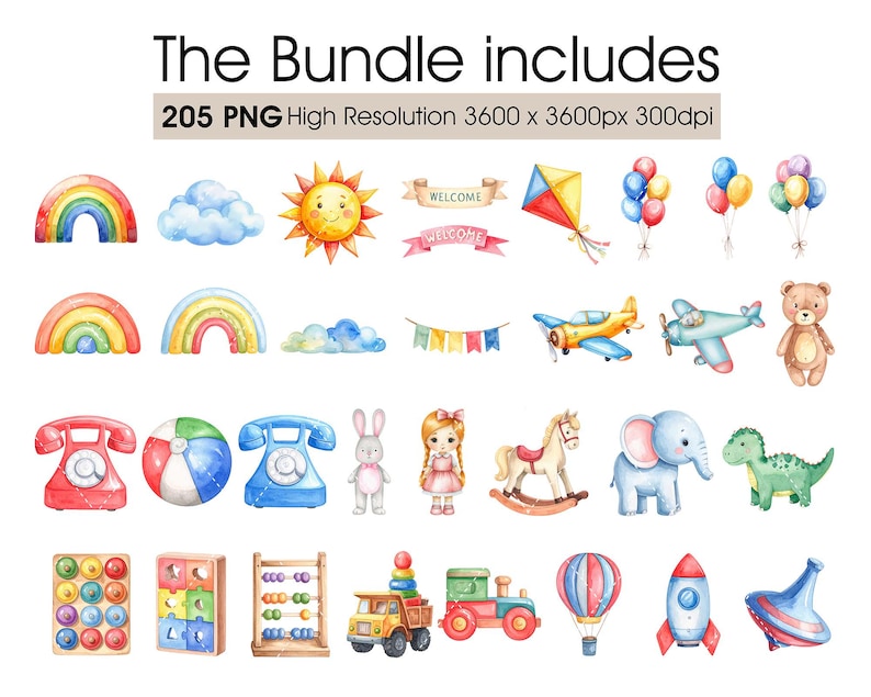 Puede incluir: Ilustraciones en acuarela de varios juguetes y elementos infantiles, incluyendo arco&iacute;ris, nubes, un sol, globos, aviones, un oso de peluche, una mu&ntilde;eca, un caballito balanc&iacute;n, un elefante, un dinosaurio y m&aacute;s. El texto dice "The Bundle includes".