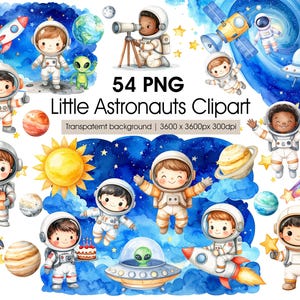 Liten astronaut clipart-paket, rymdfödelsedagsfest PNG, astronauter med sifferballonger, rymdgrafik för barnrum