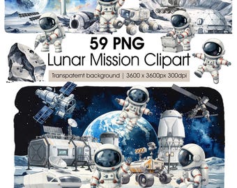 Clipart de Missão Lunar, Exploração da Lua em PNG, Astronautas, Rovers, Foguetes, Pacote Espacial
