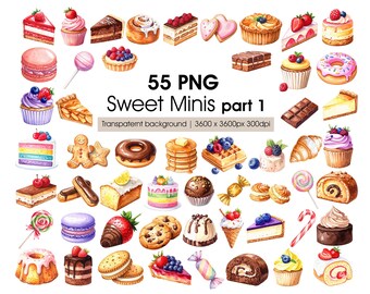 Sweets Watercolor Clipart - Dessert Cake Cookie Donut Cupcake PNG