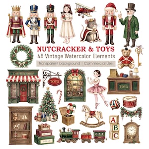 May include: A collection of 48 watercolor illustrations featuring nutcrackers, a toy shop, a Christmas tree, a rocking horse, a train, a ballerina, a teddy bear, alphabet blocks, a grandfather clock, and various holiday-themed decorative elements.