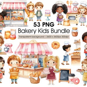 May include: Watercolor illustration of a bakery-themed kids bundle. The image features various children with baked goods, bakery shop fronts, and baking tools. The text "53 PNG Bakery Kids Bundle" is displayed.