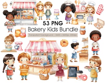 Bakery Kids Bundle Clipart – Little Bakers at Work, Children Baking Poses, Bakery Scenes PNG