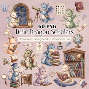 Może przedstawiać: Kolekcja 60 cyfrowych ilustracji PNG zatytułowana Little Dragon Scholars, przedstawiająca różne małe smoki z książkami, teleskopami, globusami i akcesoriami akademickimi, na jasnoróżowym tle do użytku komercyjnego.