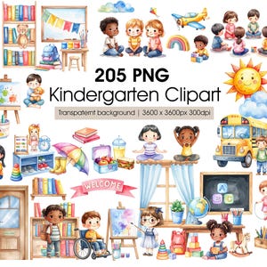 Può includere: Illustrazione ad acquerello di clipart a tema scuola materna. L'immagine presenta bambini, materiale scolastico e vari oggetti come un autobus scolastico, palloncini e un sole. Il testo recita "205 PNG Kindergarten Clipart". Lo sfondo è trasparente.