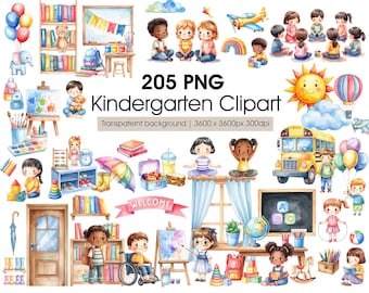 Kindergarten Clipart Set - Watercolor School Elements, Kids PNG