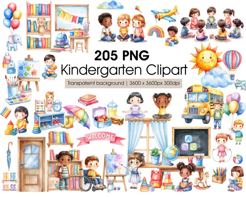 Puede incluir: Conjunto de im&aacute;genes predise&ntilde;adas de acuarela con elementos de jard&iacute;n de infancia. Incluye ni&ntilde;os, &uacute;tiles escolares, un autob&uacute;s escolar y el texto "205 PNG Kindergarten Clipart". Las ilustraciones son coloridas y caprichosas.