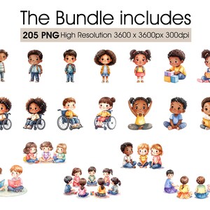 Puede incluir: Ilustraciones en acuarela de ni&ntilde;os diversos, algunos en sillas de ruedas, participando en varias actividades. El texto en la parte superior dice: "The Bundle includes 205 PNG High Resolution 3600 x 3600px 300dpi."