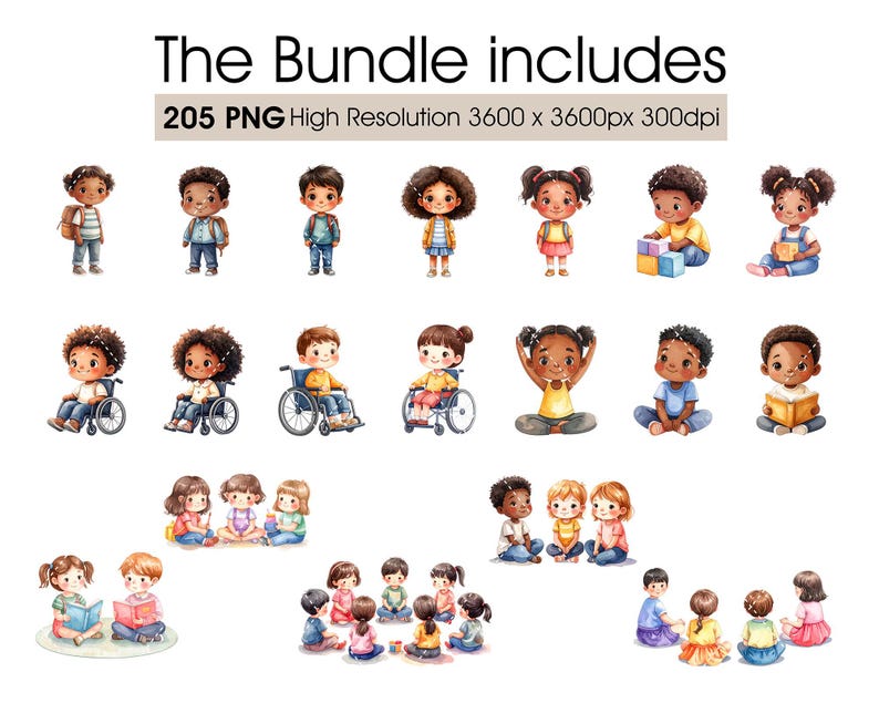Puede incluir: Ilustraciones en acuarela de ni&ntilde;os diversos, algunos en sillas de ruedas, participando en varias actividades. El texto en la parte superior dice: "The Bundle includes 205 PNG High Resolution 3600 x 3600px 300dpi."