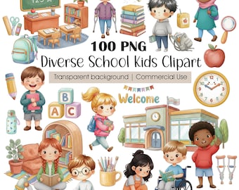 Diverse School Kids Clipart — Inclusive Watercolor PNG, 100 Piece Back to School Bundle