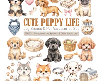 May include: A digital collection of watercolor illustrations featuring various puppy breeds, including a Bernese Mountain Dog, Dachshund, Pug, Golden Retriever, Labrador, Poodle, Husky, Shiba Inu, and Dalmatian, alongside pet accessories like a bed, leash, and carrier.