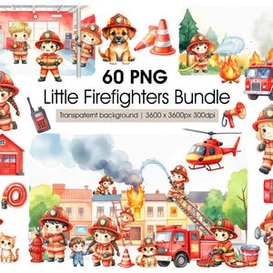 Little Firefighters Clipart Bundle – Fire Station, Trucks, Rescue Poses, Backgrounds, Kids Firefighter PNG Set