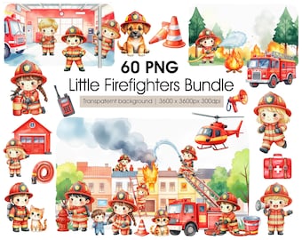 Little Firefighters Clipart Bundle – Fire Station, Trucks, Rescue Poses, Backgrounds, Kids Firefighter PNG Set