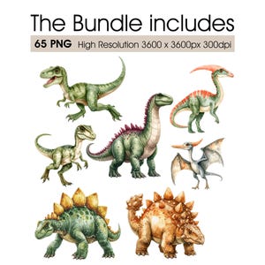 May include: A digital collection of 65 PNG dinosaur illustrations featuring various species including a green theropod, a long-necked sauropod, a winged pterosaur, and armored dinosaurs with spikes, labeled The Bundle includes 65 PNG High Resolution 3600 x 3600px 300dpi.