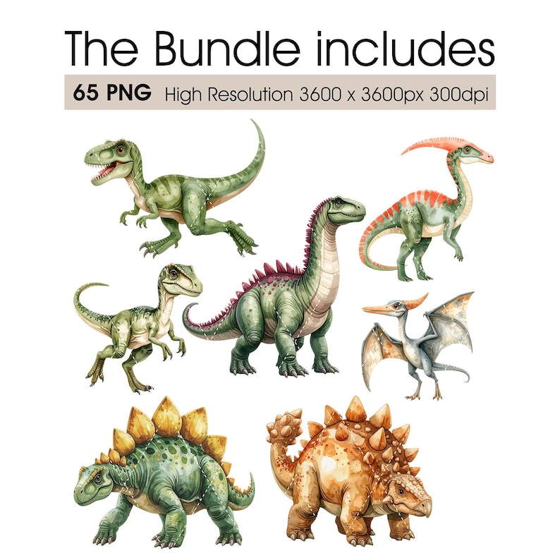 May include: A digital collection of 65 PNG dinosaur illustrations featuring various species including a green theropod, a long-necked sauropod, a winged pterosaur, and armored dinosaurs with spikes, labeled The Bundle includes 65 PNG High Resolution 3600 x 3600px 300dpi.