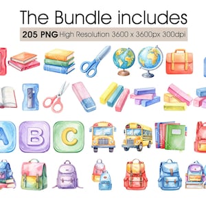 Puede incluir: Ilustraci&oacute;n en acuarela de &uacute;tiles escolares, que incluye libros, tijeras, l&aacute;pices, borradores, globos terr&aacute;queos, mochilas y autobuses escolares. La imagen incluye el texto "The Bundle includes" y "205 PNG High Resolution 3600 x 3600px 300dpi".