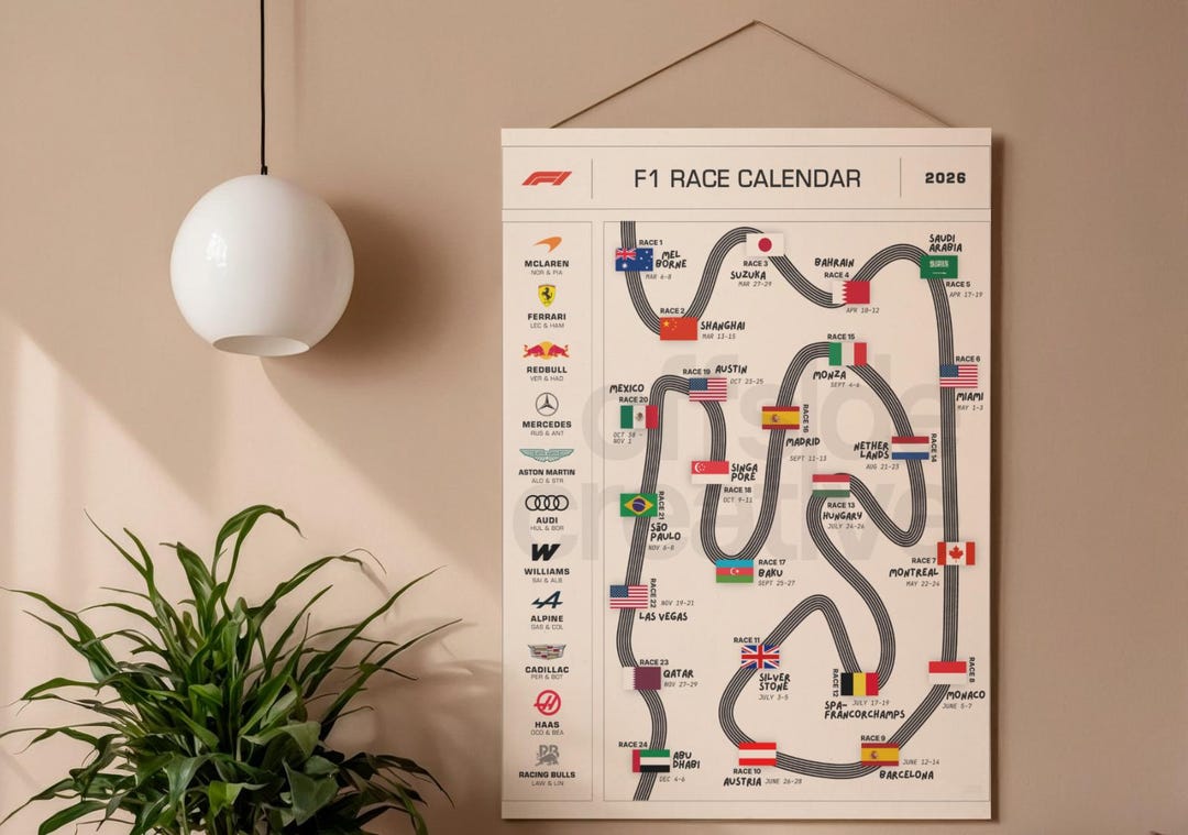 F1 Race Calendar Poster | 2026 Formula One Track Map Wall Art - Etsy