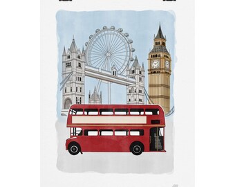 Print | London Landmarks Watercolor Poster | Red Bus, Big Ben, Tower Bridge