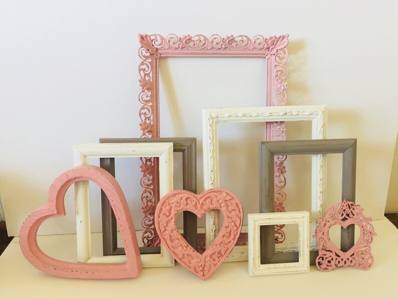 Shabby Chic Picture Frames White Pink Gray Distressed Set Of 9 Heart Frame Girl Room Wedding Baby Girls Nursery Wall Gallery