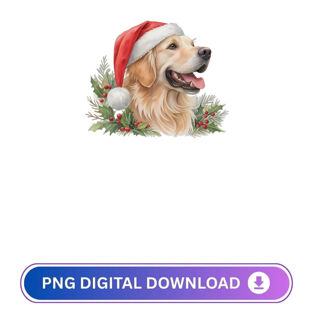 Christmas Golden Retriever PNG, Watercolor Dog With Santa Hat, Holly ...