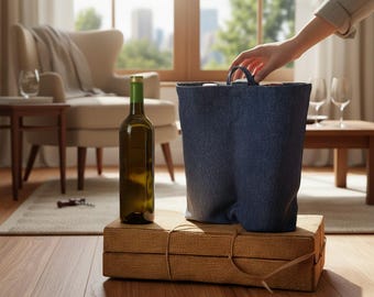 Organic Denim Two-Bottle Wine Tote, Eco-Friendly Gift