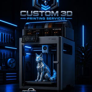 May include: A 3D printer with a metallic wolf figurine inside, featuring blue LED lighting. The text reads CUSTOM 3D PRINTING SERVICES and OpusLab. The machine has an AMS unit on top and a digital display screen on the front panel.
