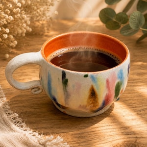 May include: A ceramic mug with a wide, rounded handle and a footed base. The exterior features a white base with vertical streaks of blue, pink, yellow, and green paint. The interior of the mug is a solid orange color and is filled with hot coffee.