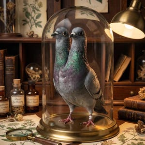 May include: A taxidermied two-headed pigeon, encased in a glass cloche with a brass base. The bird displays gray, purple, and iridescent green feathers. The scene includes antique books, apothecary bottles, and a magnifying glass, evoking a vintage aesthetic.