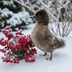 May include: A brown duckling stands in the snow, with snow on its feathers. Next to it is a cluster of red berries covered in snow. The background shows snow-covered branches and evergreen trees.