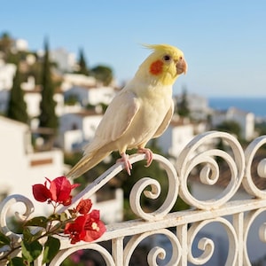 May include: A light yellow cockatiel with orange cheek patches perches on a white, ornate railing. Red flowers bloom nearby. The background features white buildings and a blue sky, creating a bright, sunny scene.