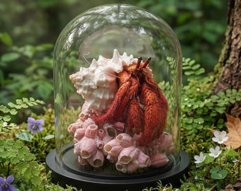 Real Hermit Crab Specimen in Glass Dome, Marine Taxidermy Diorama, Ocean Oddities Curiosity Cabinet, Barnacle Decor, Coastal Sea Life Gift